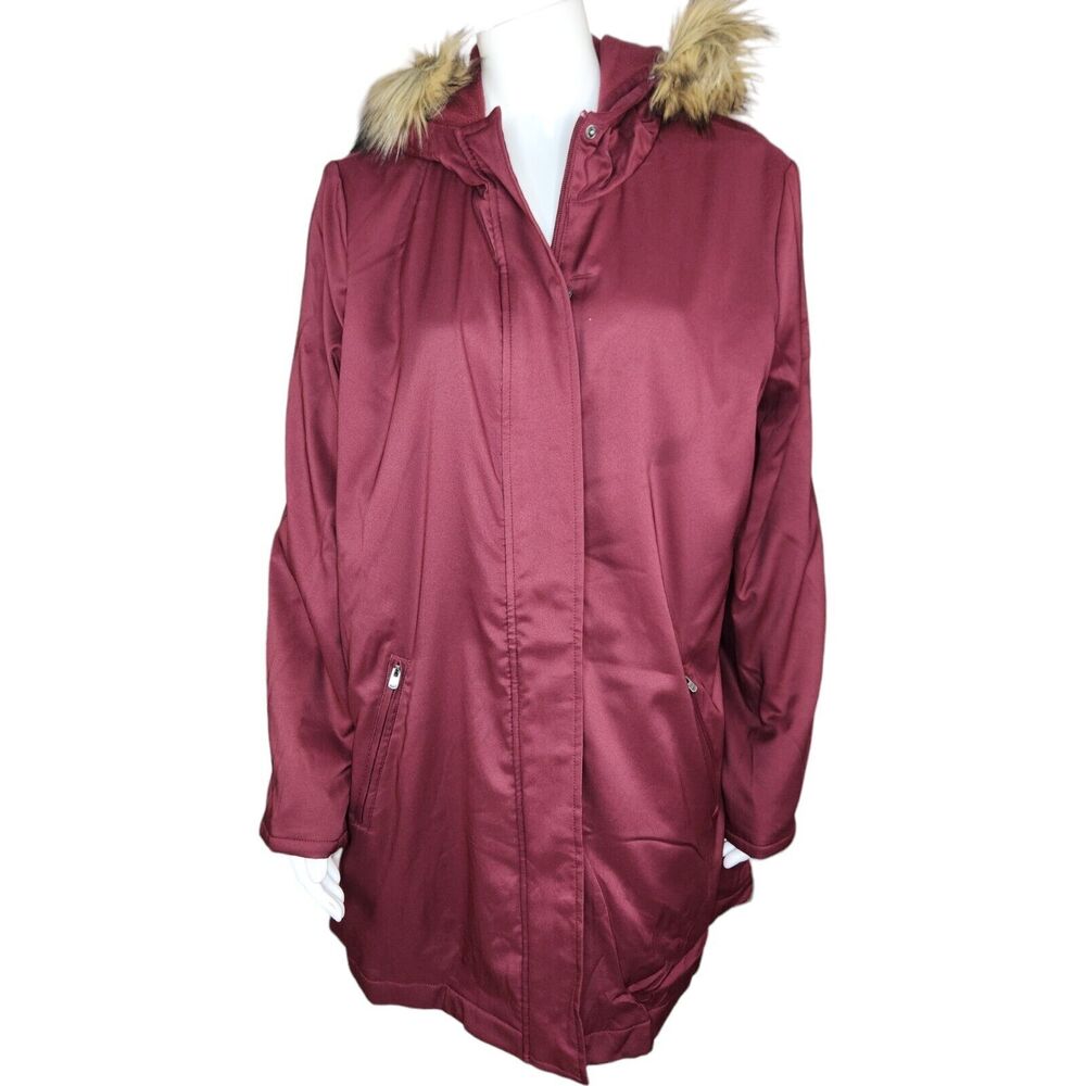 Denim &‎ Co. Zip Front Twill Jacket Faux Fur Trimmed Hood Wine Medium NWOT
